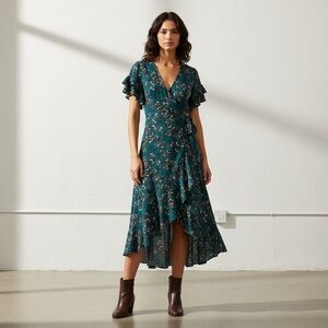 MAX STUDIO Hi-low Wrap Dress In Petrol/Ginger Fan Floral PTP 22” approximately